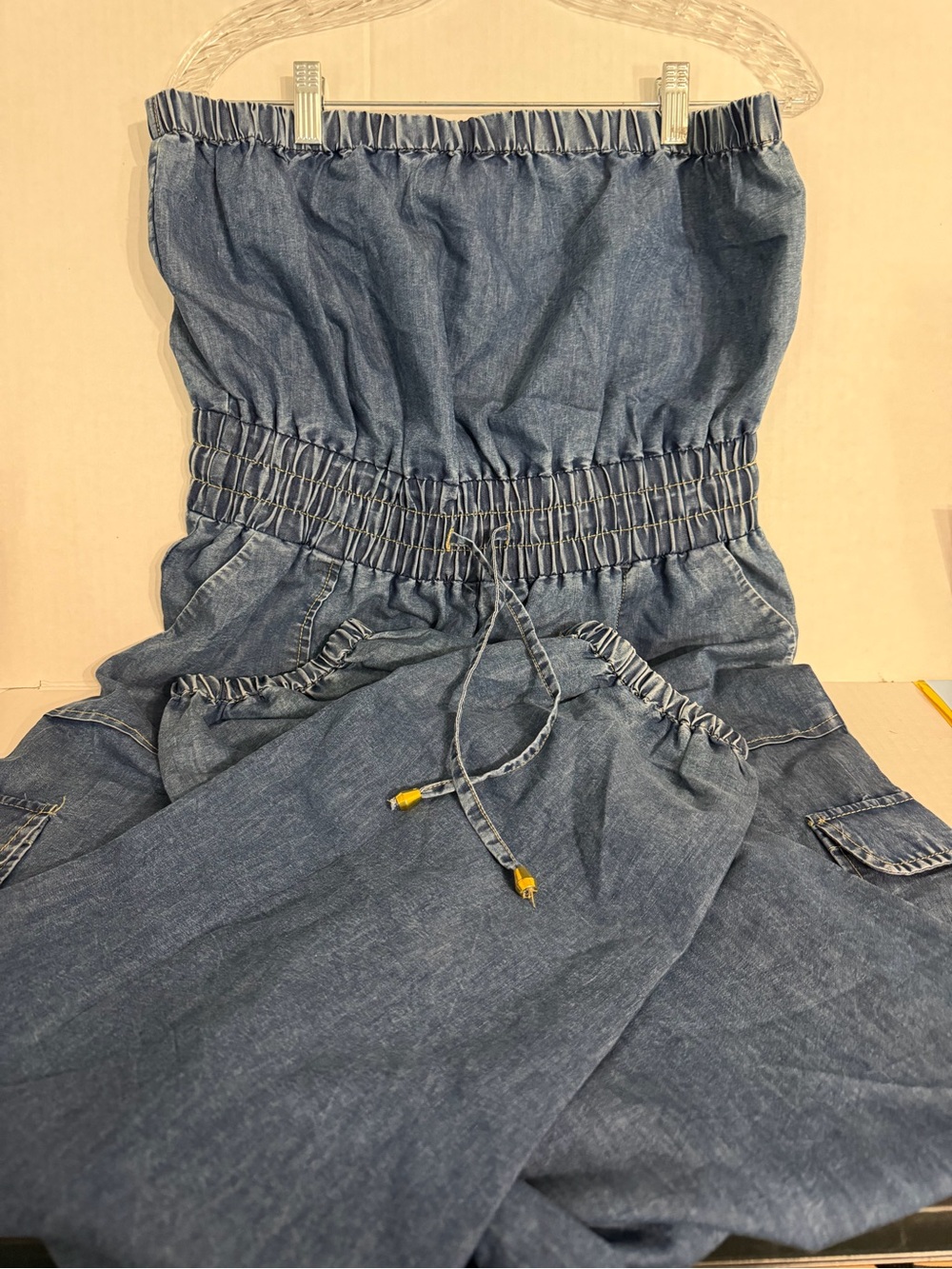 indulge Blue Denim Strapless Jumpsuit with Smocked Waist